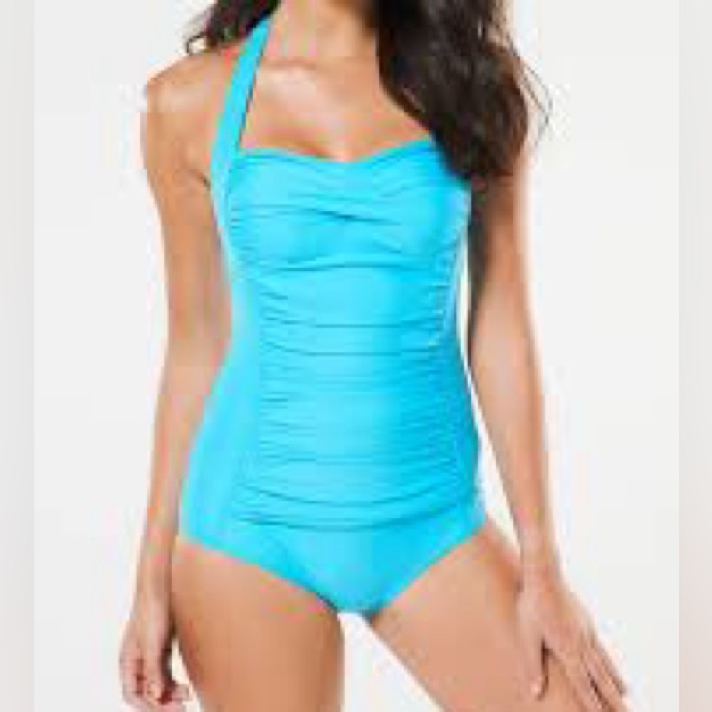 Pinup Girl Teal Blue One Piece Swimsuit with Ruched Detailing 10